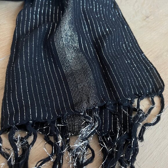 Black Sheer Scarf with Tinsel Stripes - Picture 2 of 2